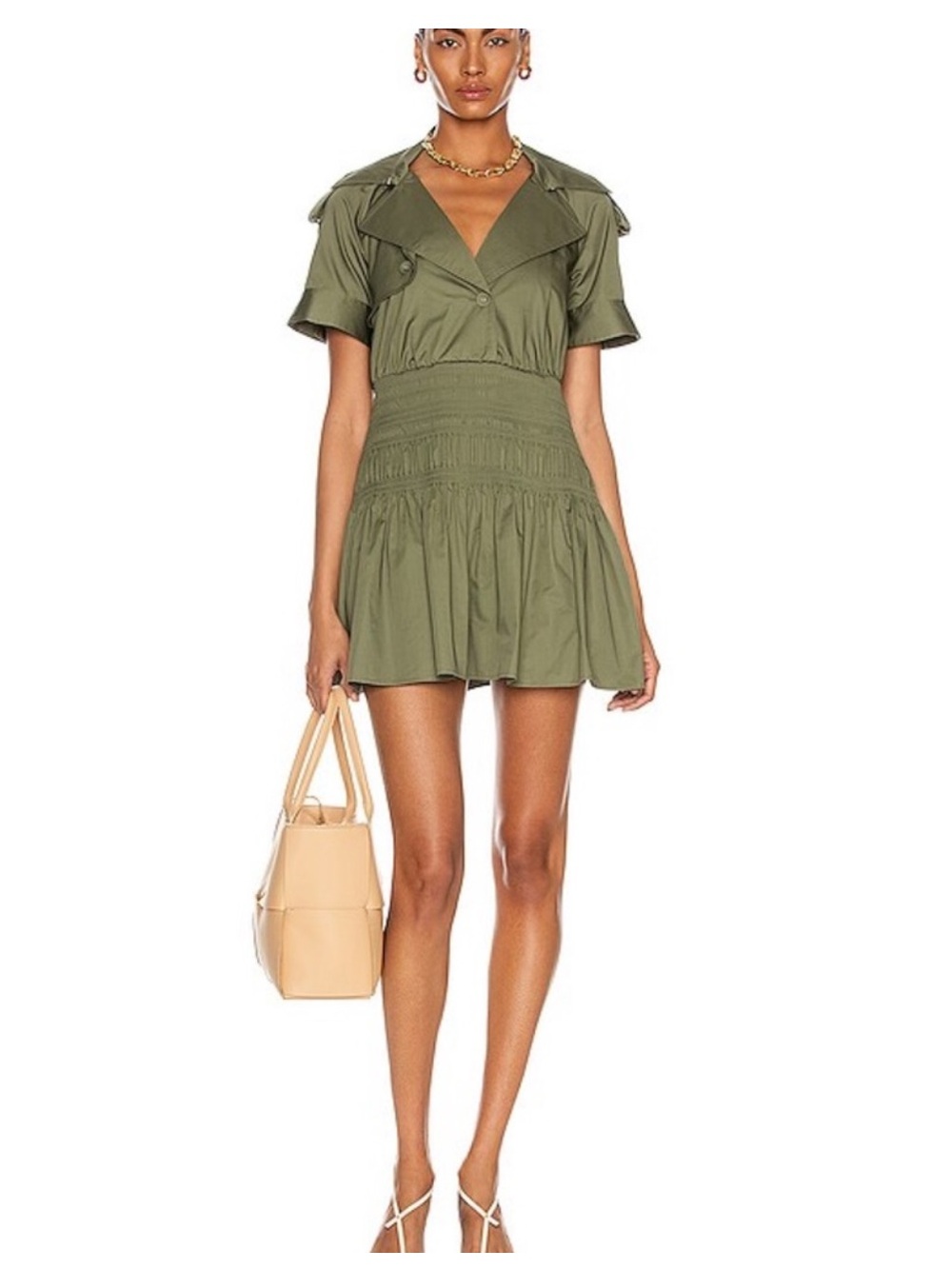 Self-Portrait Smocked Cotton Trench Mini Dress - Khaki green